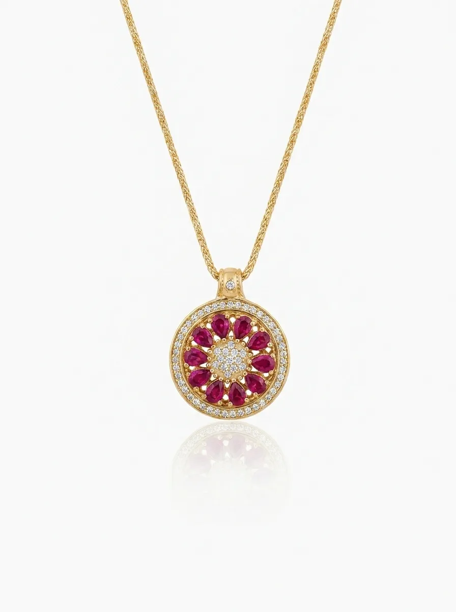 s925 Silver Ruby Floral Round Pendant Necklace
