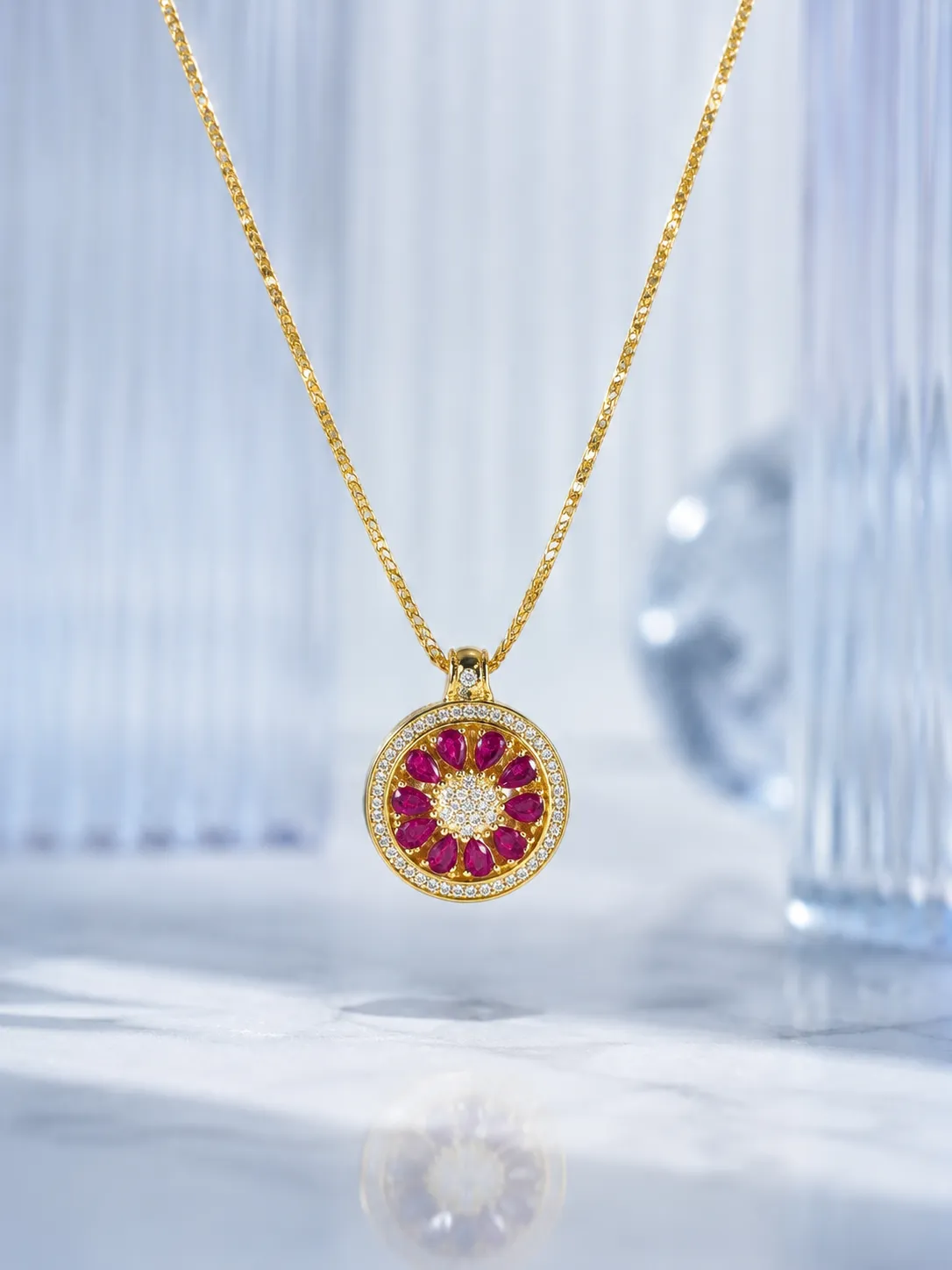 s925 Silver Ruby Floral Round Pendant Necklace detail 1