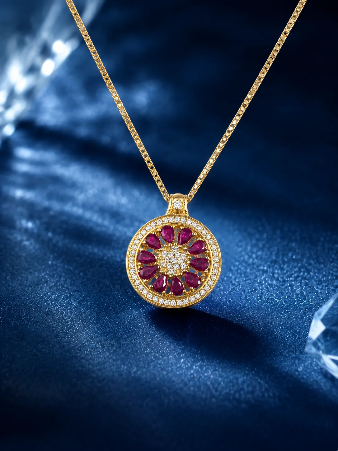 s925 Silver Ruby Floral Round Pendant Necklace detail 2
