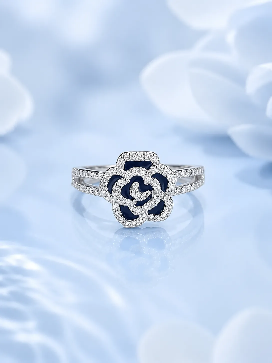 S925 Silver Rose with Black Petal Open Ring detail 1
