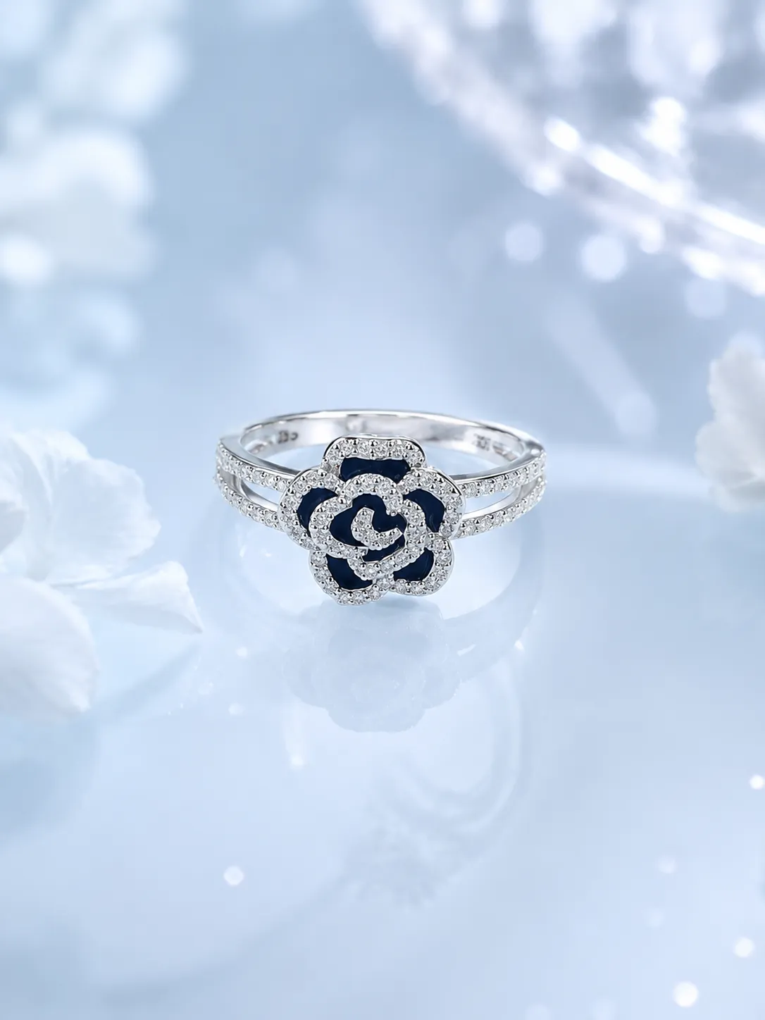 S925 Silver Rose with Black Petal Open Ring detail 2