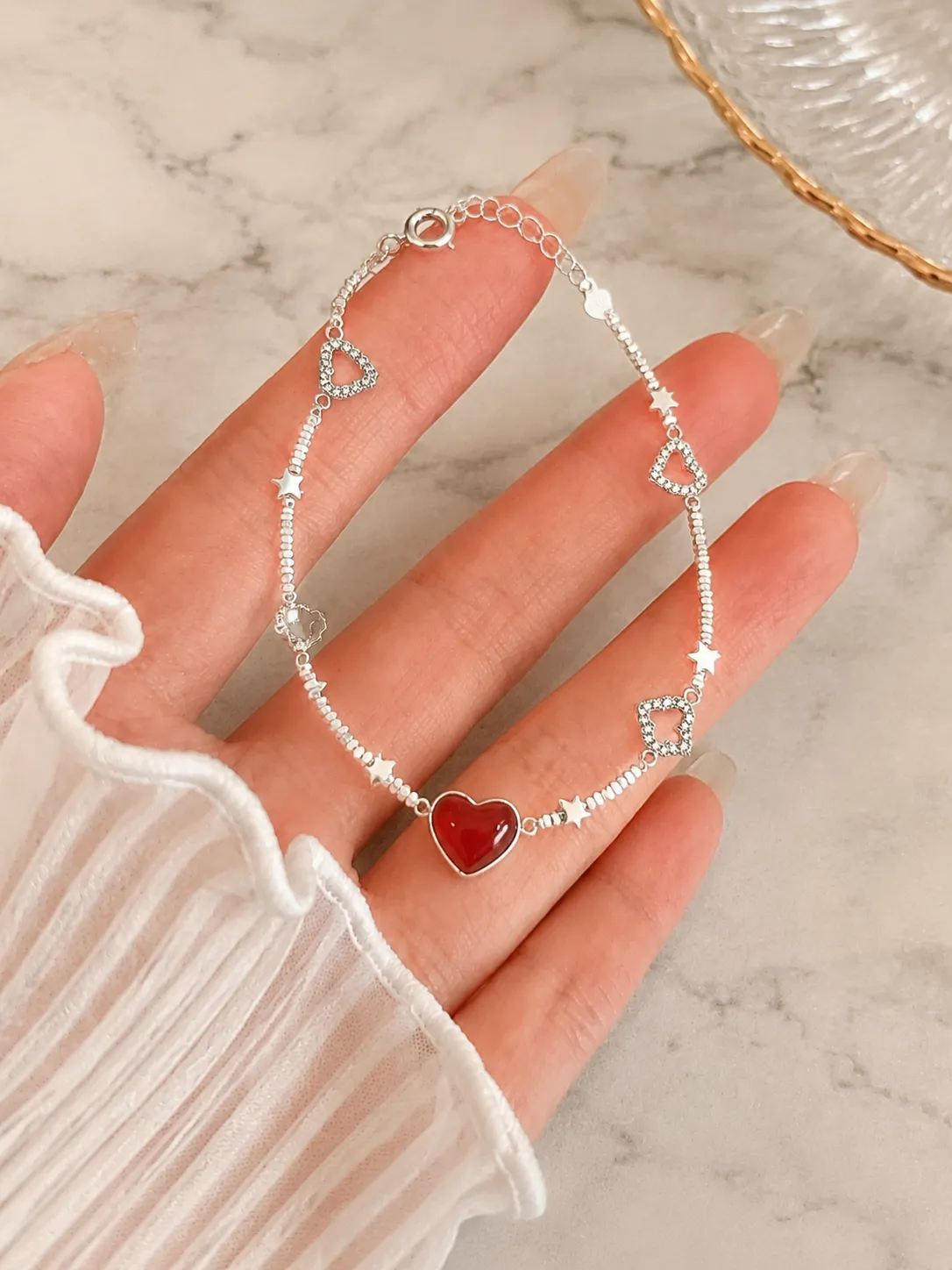 S925 Silver Red Heart Enamel Inlaid Bracelet detail 1