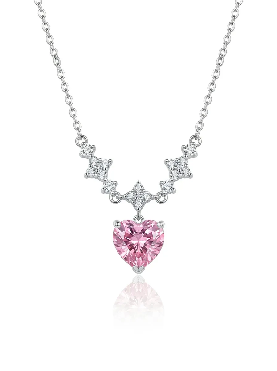 S925 Silver Powder Heart Zircon Necklace