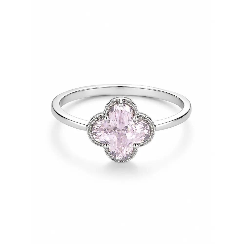S925 Silver Rose Quartz Four-Leaf Clover Ring