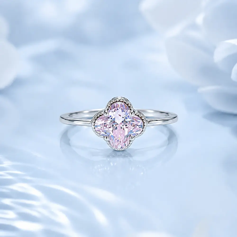 S925 Silver Rose Quartz Four-Leaf Clover Ring detail 1