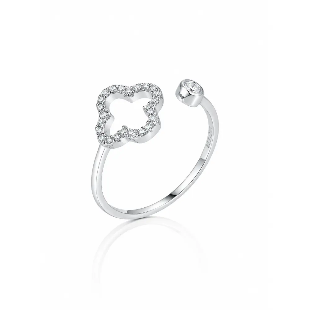 Sterling Silver Four-Leaf Clover Diamond Open Ring