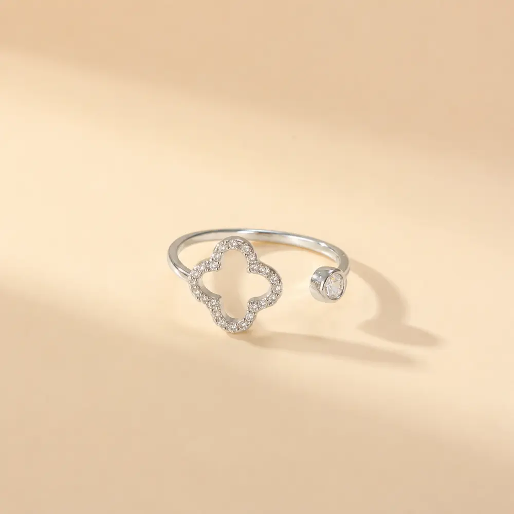 Sterling Silver Four-Leaf Clover Diamond Open Ring detail 1