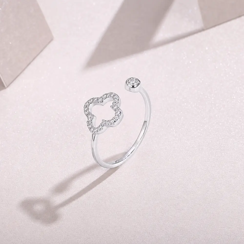 Sterling Silver Four-Leaf Clover Diamond Open Ring detail 2