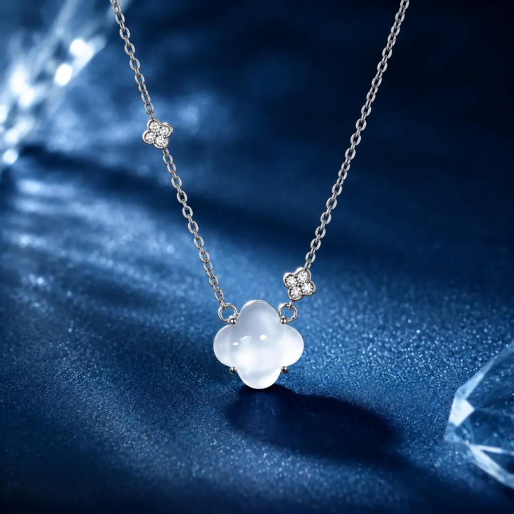 Silver Four-Leaf Clover Water Drop Necklace detail 1