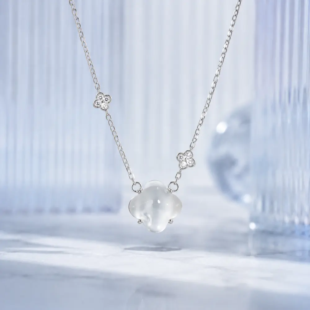 Silver Four-Leaf Clover Water Drop Necklace detail 2