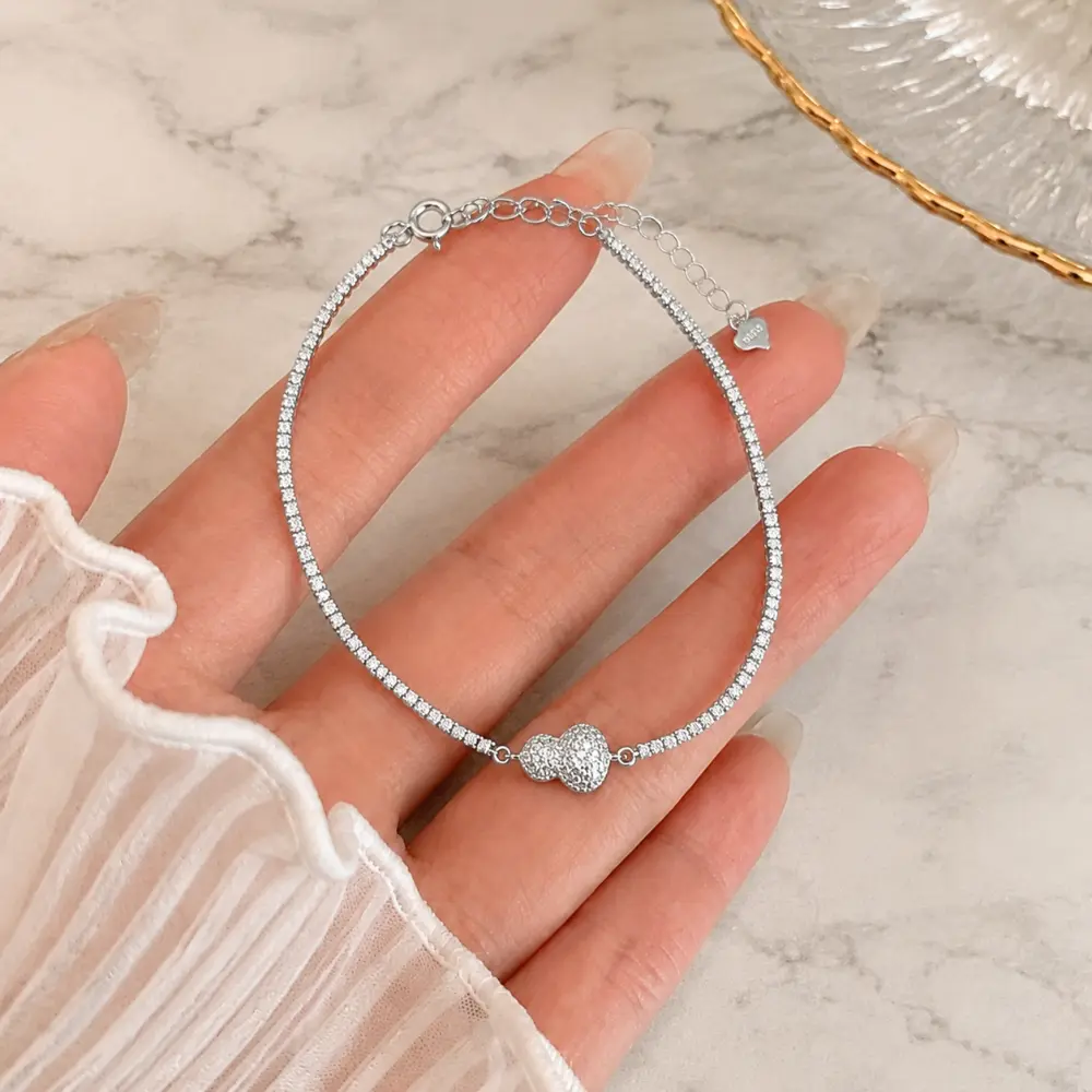 Sterling Silver Double Heart Zircon Adjustable Bracelet detail 2