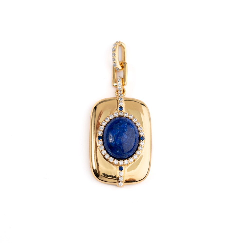 925 Silver Rectangular Lapis Lazuli Pendant with Blue and White Zircon