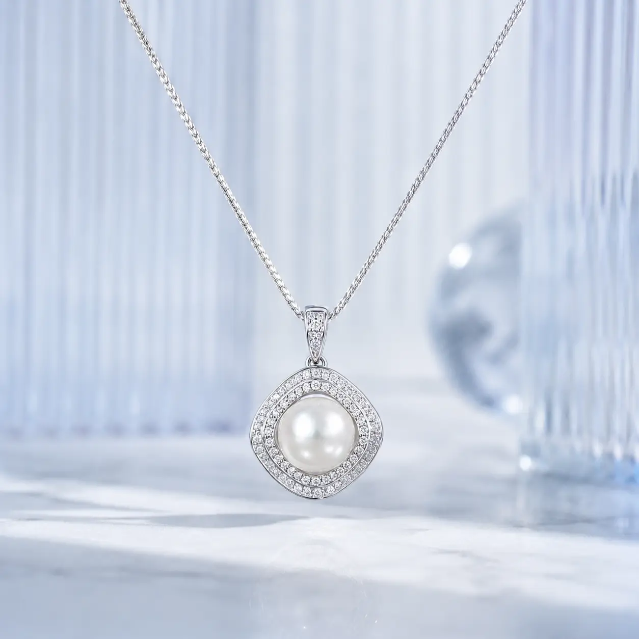 Silver Pearl and Diamond Halo Necklace detail 1