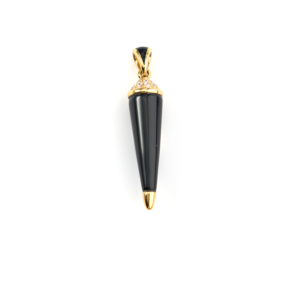 925 Silver Conical Black Agate Pendant with White Zircon