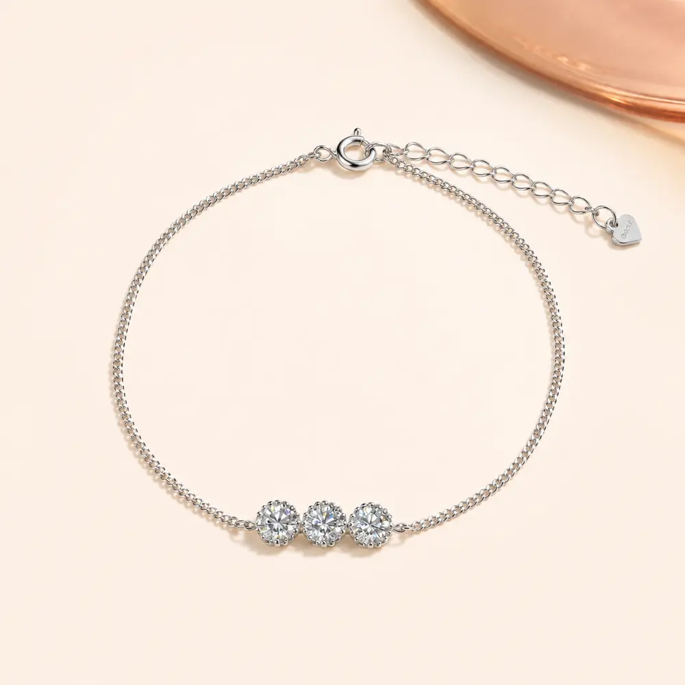 Simple Three-Diamond Adjustable Silver Bracelet detail 2