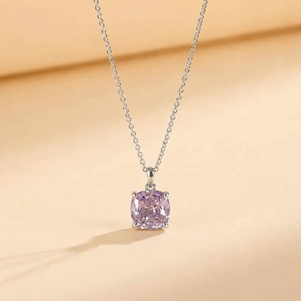 Pure Silver Rose Quartz Square Pendant Necklace detail 1