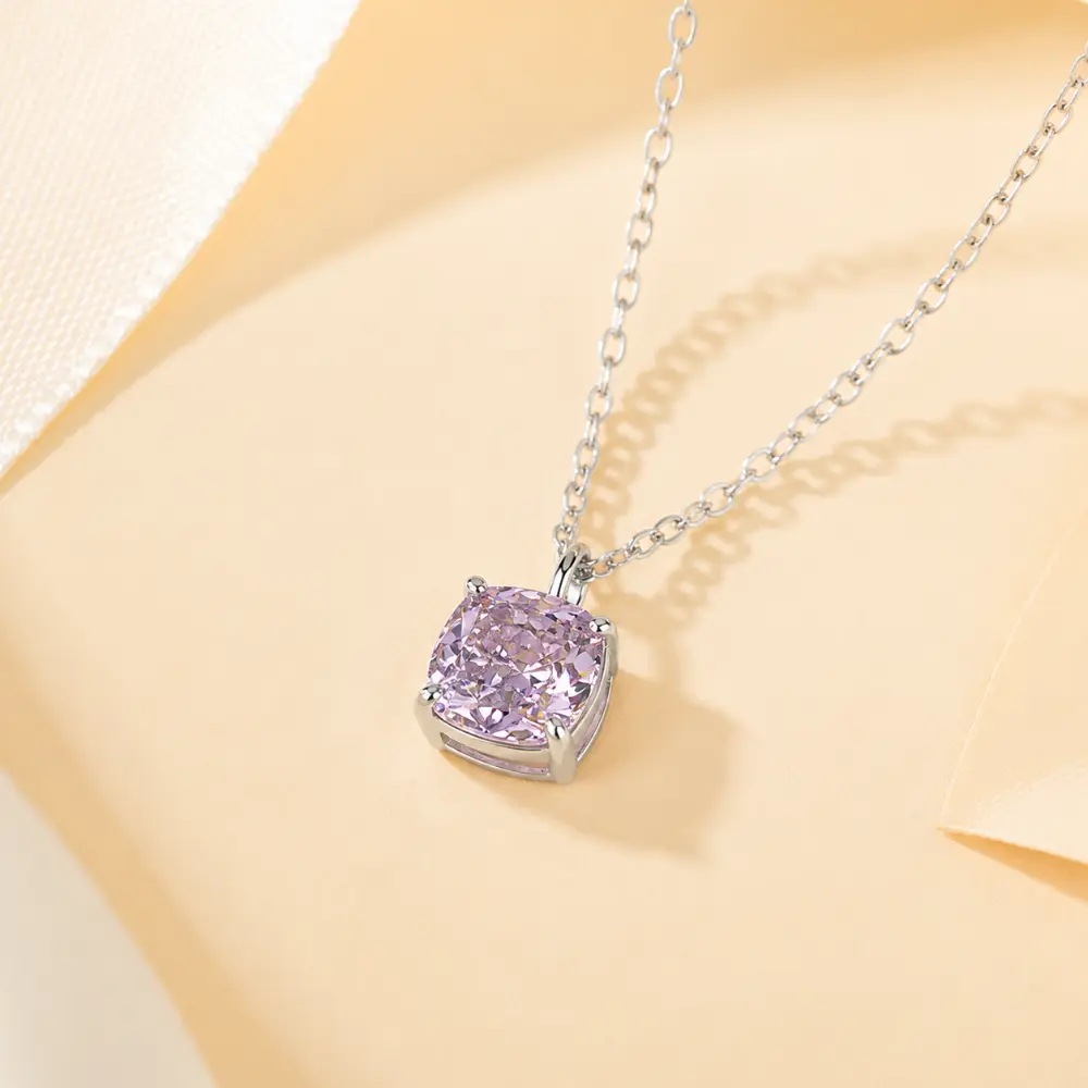 Pure Silver Rose Quartz Square Pendant Necklace detail 2