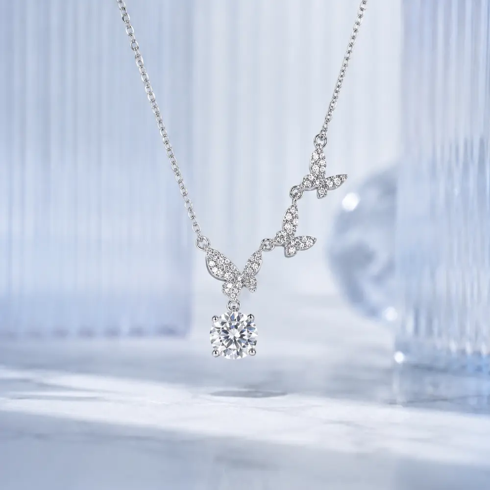 Silver Butterfly Diamond-Studded Moissanite 1-Carat Collarbone Necklace detail 1