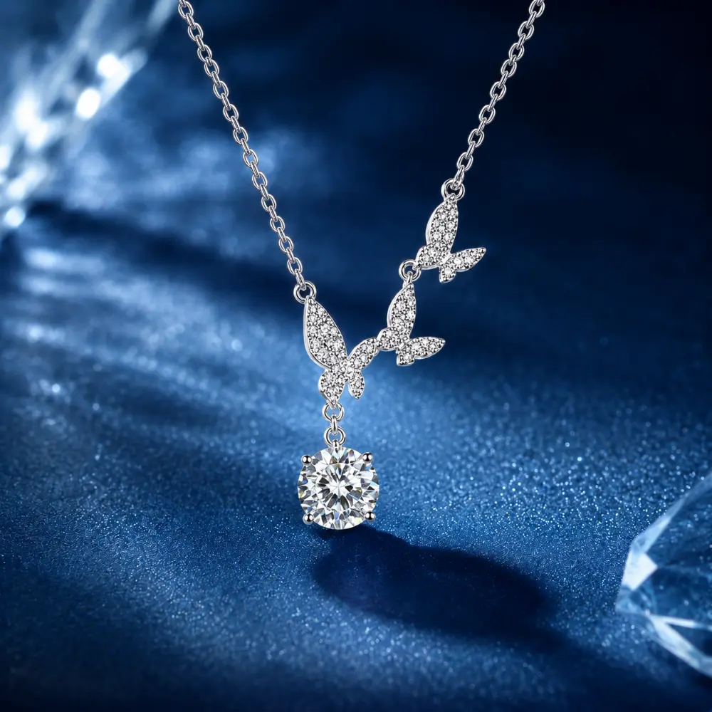 Silver Butterfly Diamond-Studded Moissanite 1-Carat Collarbone Necklace detail 2