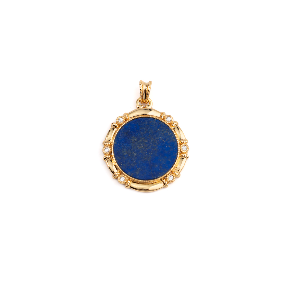 925 Silver Minimalist Round Lapis Lazuli Pendant with White Zircon