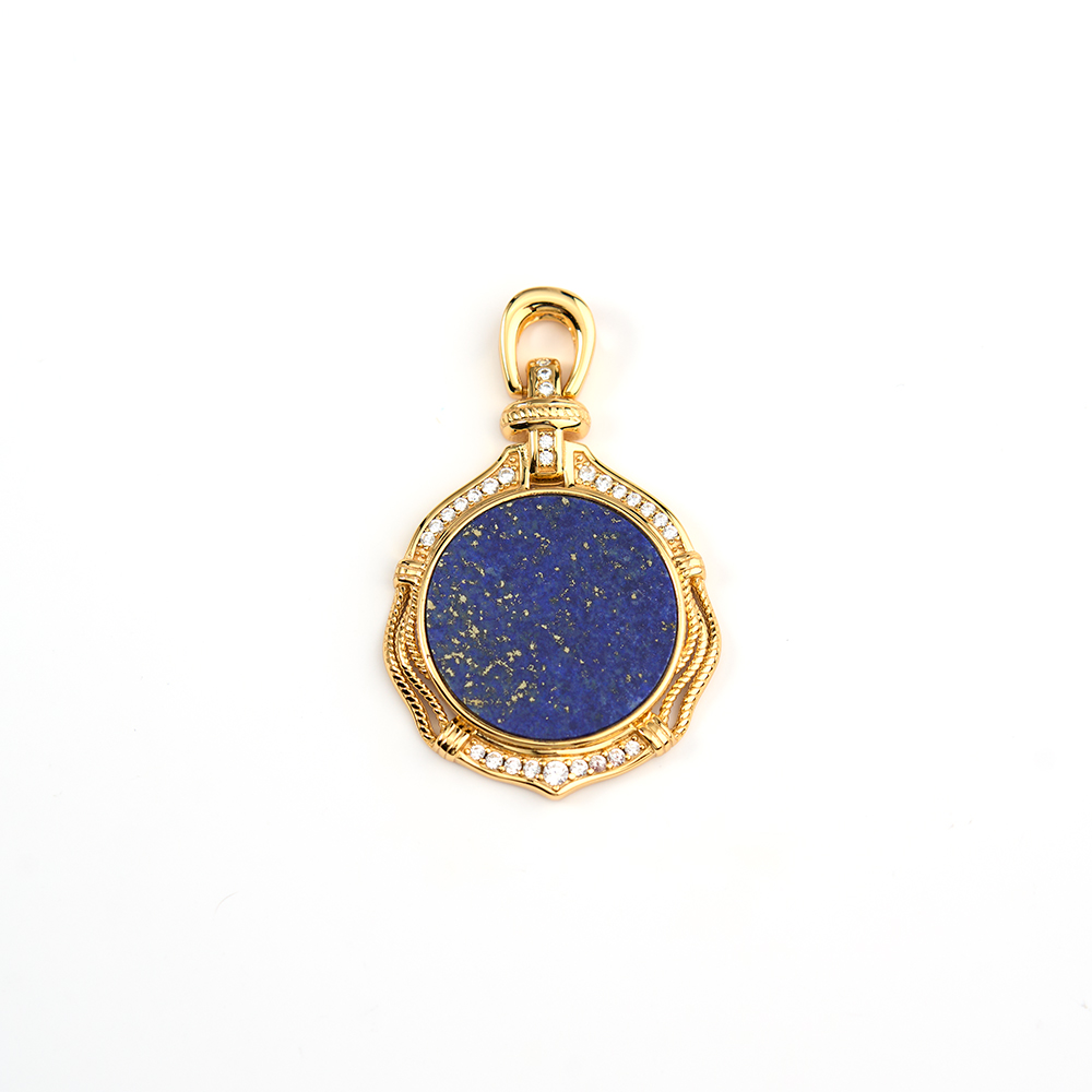 Vintage Twisted Border Round Lapis Lazuli Pendant with White Zircon