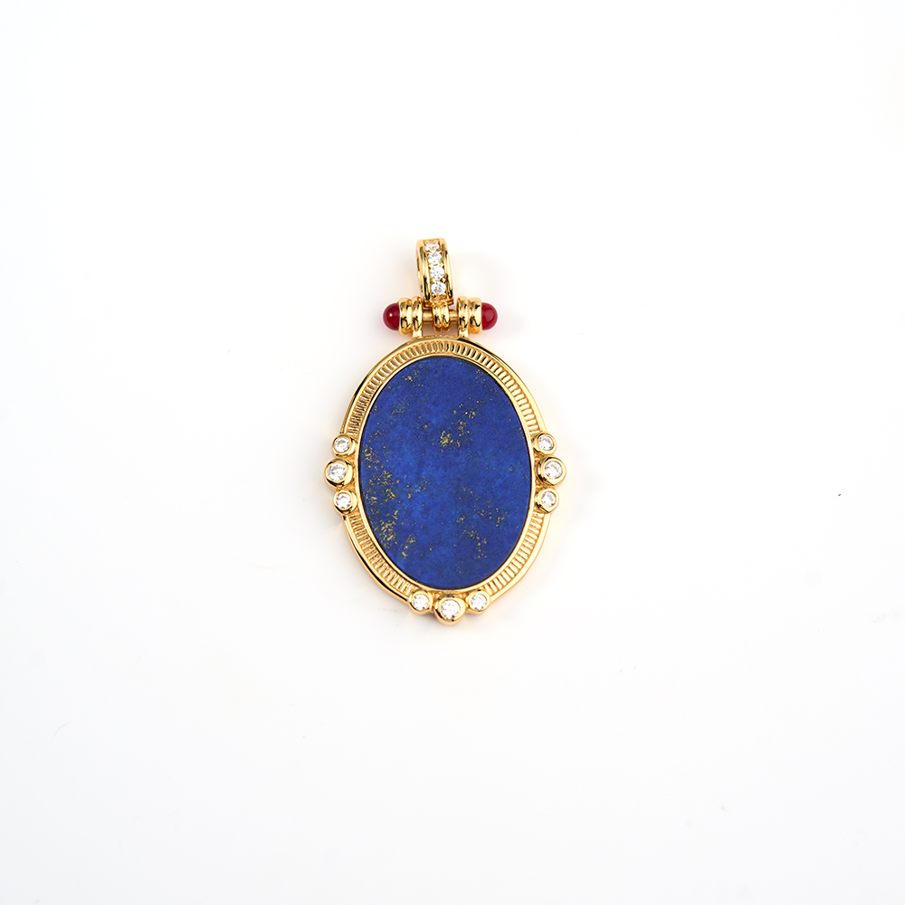 925 Silver Oval Lapis Lazuli Pendant with Red Accents and White Zircon