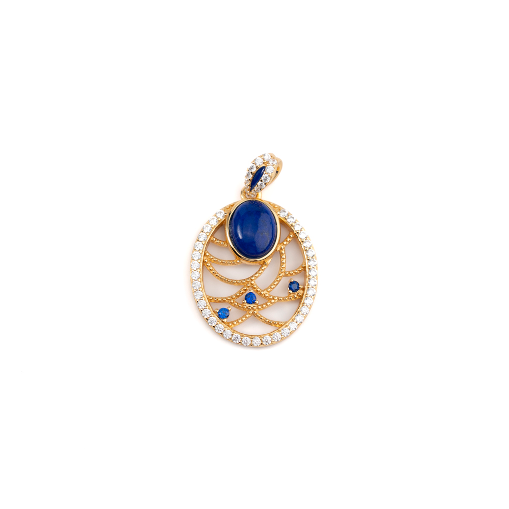 925 Silver Hollow-Out Oval Lapis Lazuli Pendant with Blue Enamel and Zircon