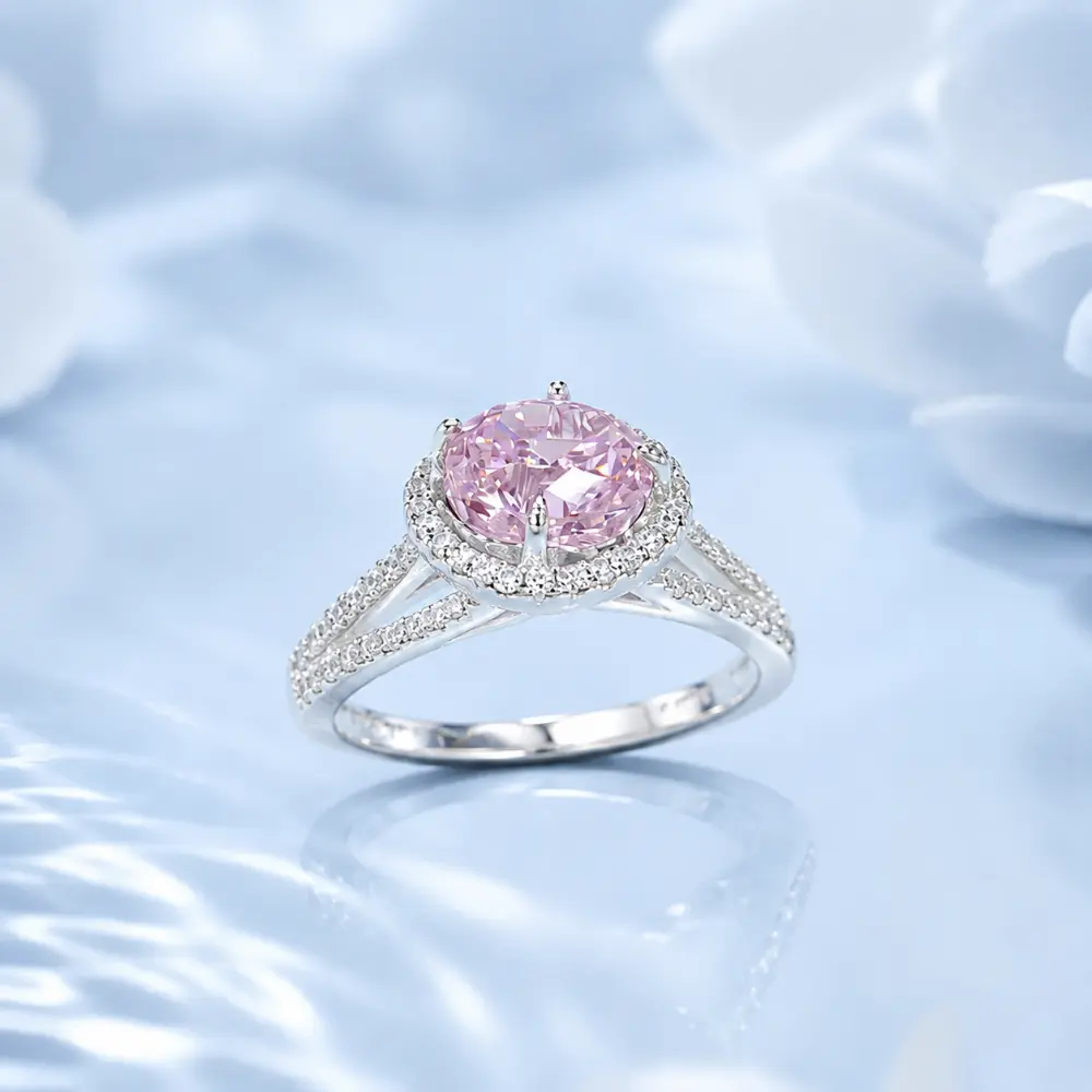 Silver Inlaid Rose Quartz Luxury Cluster Ring detail 2