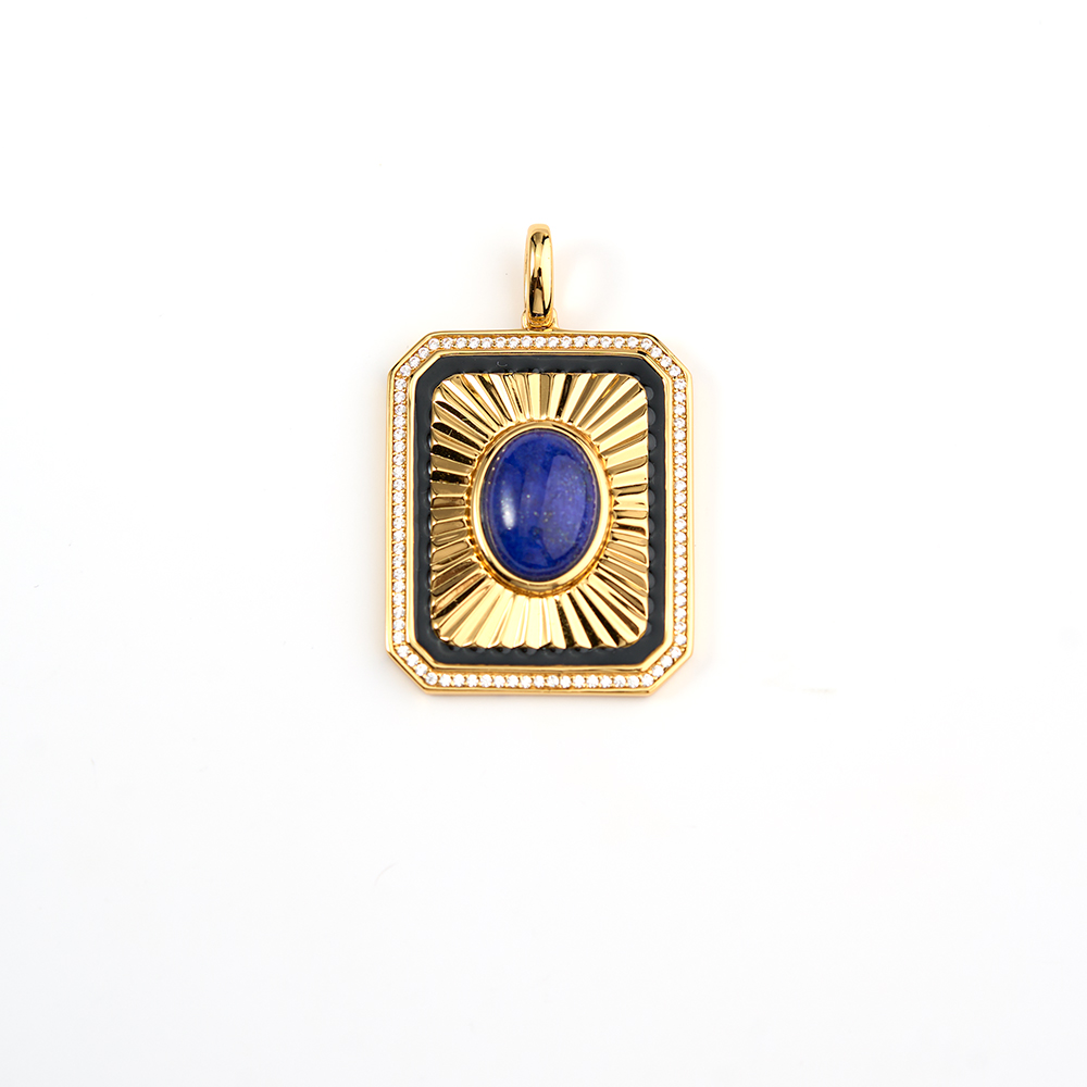925 Silver Rectangular Sunburst Lapis Lazuli Pendant with Black Enamel and White Zircon