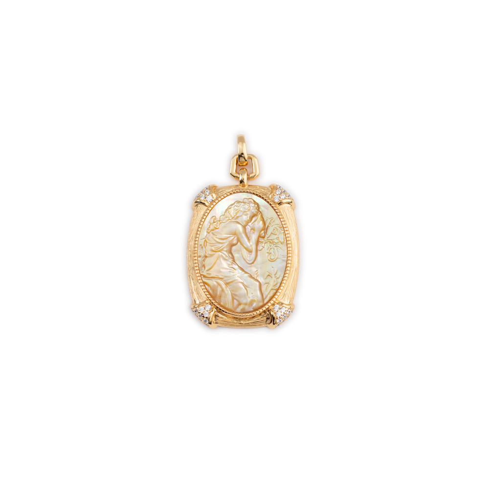 925 Silver Rectangular Golden Mother-of-Pearl Cameo Pendant with White Zircon
