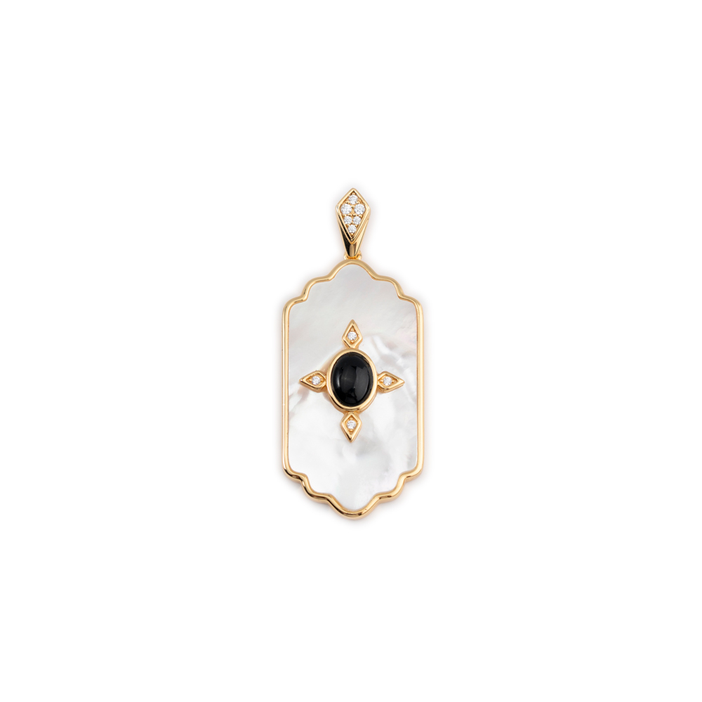 925 Silver White Mother-of-Pearl and Black Agate Pendant with White Zircon