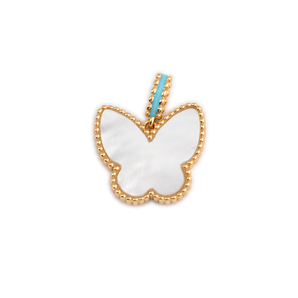 925 Silver Beaded Butterfly White Mother-of-Pearl Pendant with Blue Enamel
