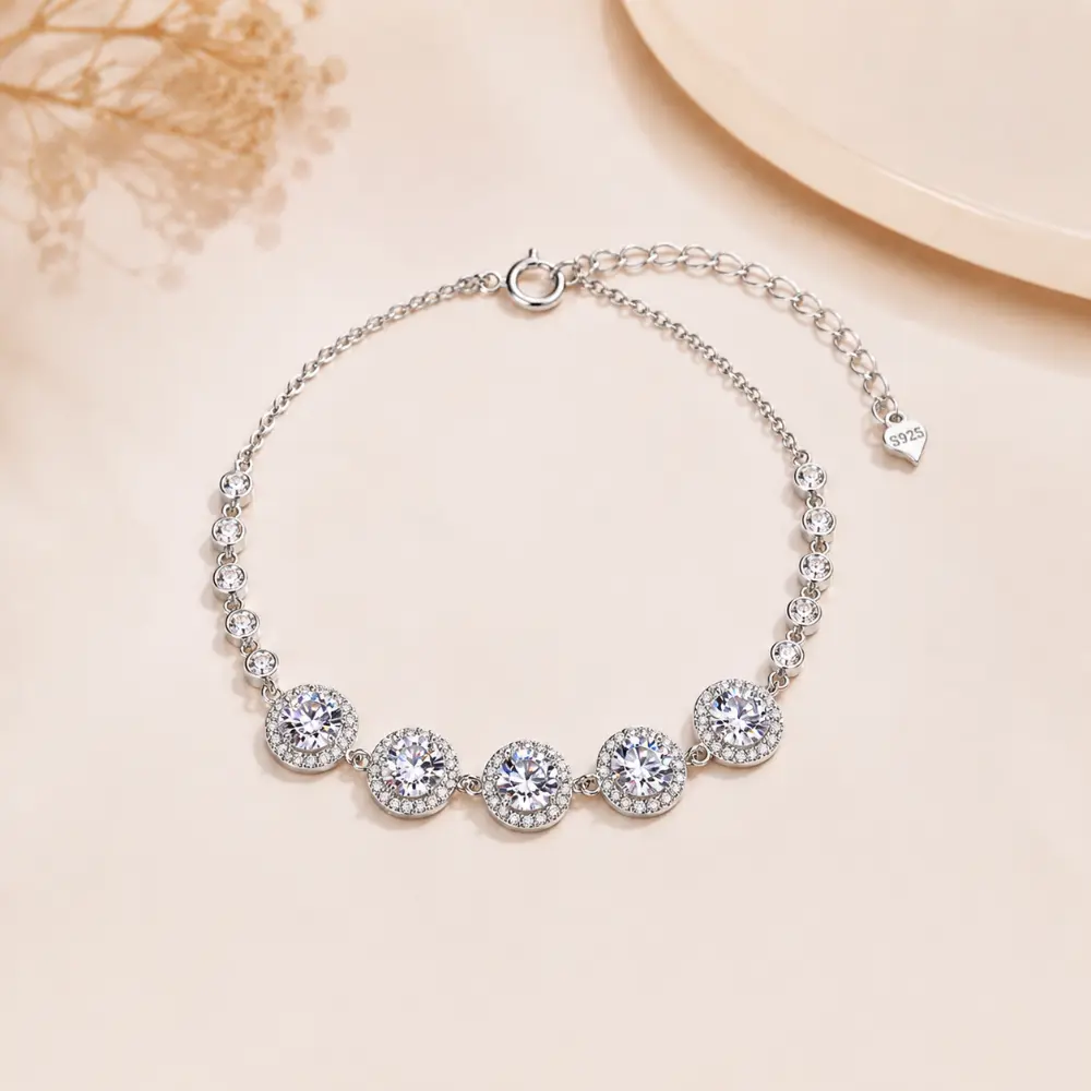 S925 silver round pave moissanite bracelet, adjustable detail 1