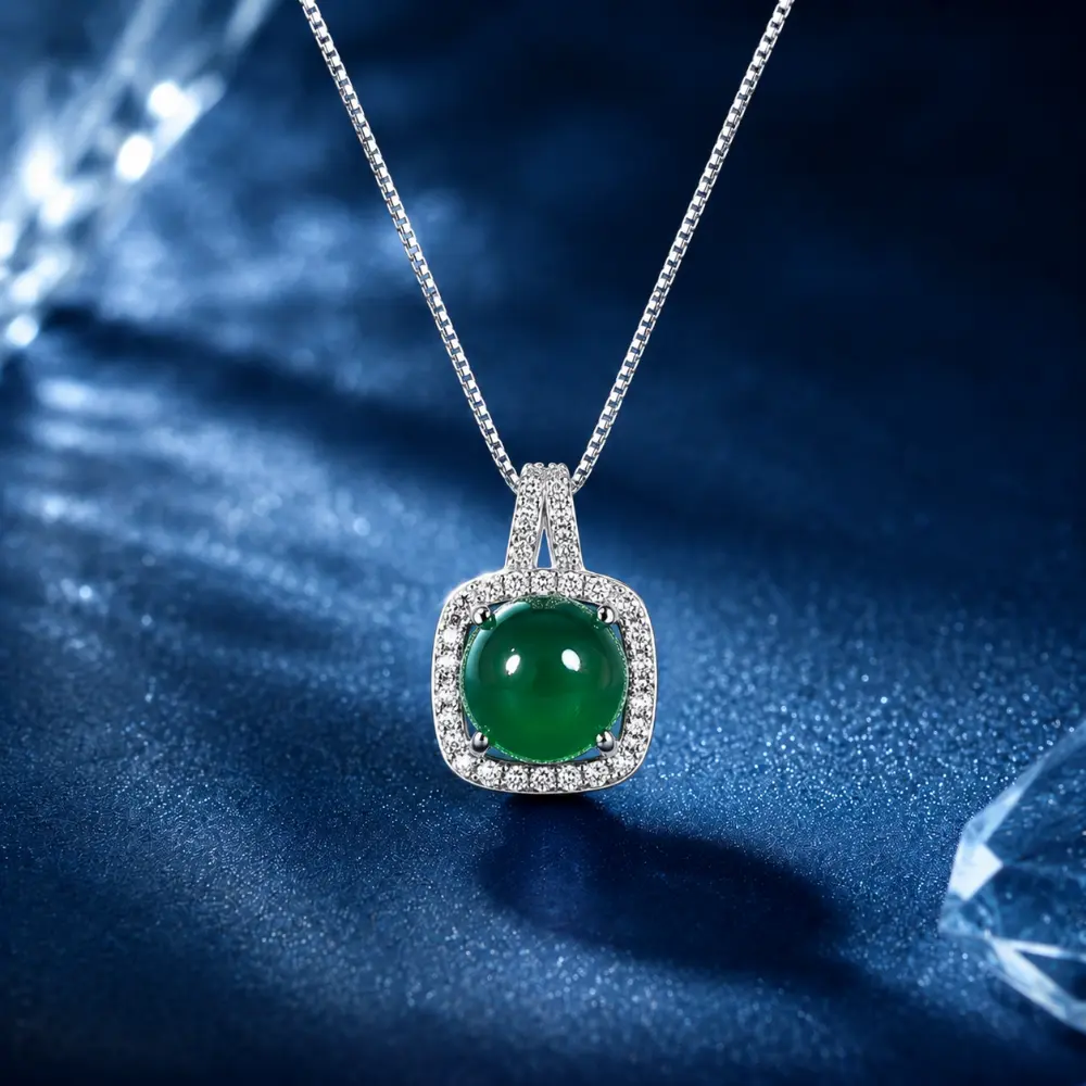 S925 Inlaid Green Chalcedony Square Pendant detail 1