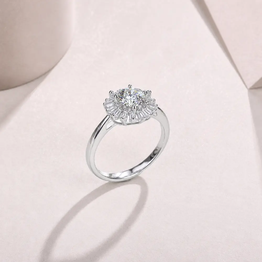 Delicate 925 silver halo round diamond 1-carat moissanite ring detail 2