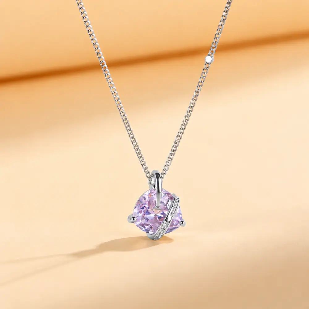 S925 Silver Pink Frosted Cut New Heart Necklace detail 1