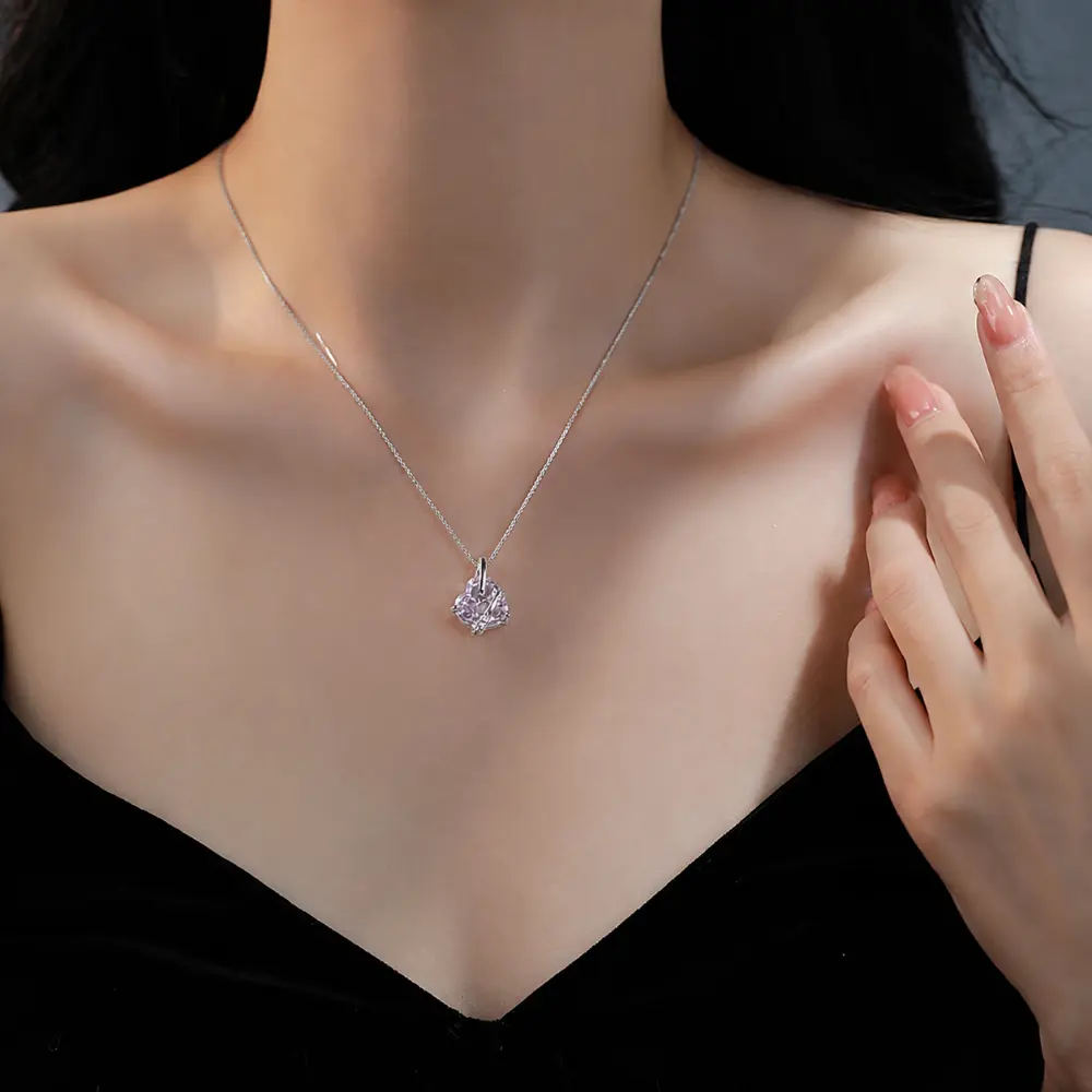 S925 Silver Pink Frosted Cut New Heart Necklace detail 2