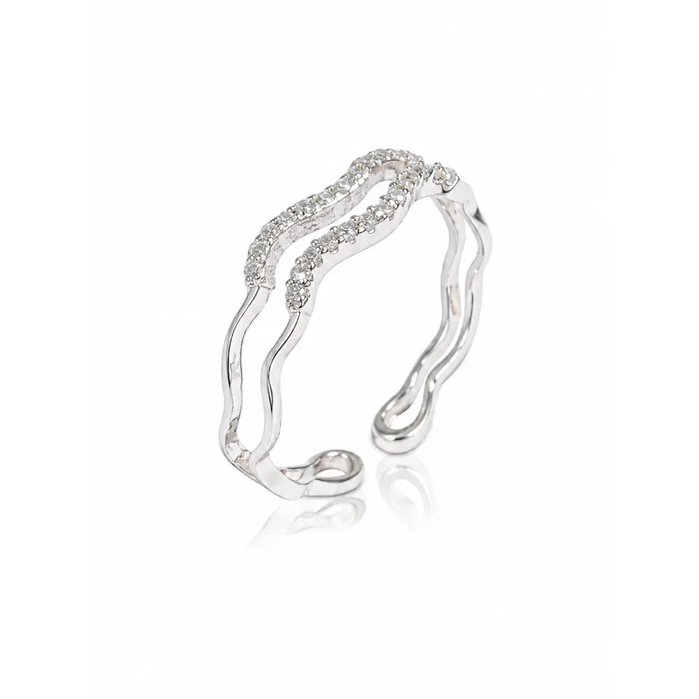S925 Silver Wavy Diamond-Studded Open Ring
