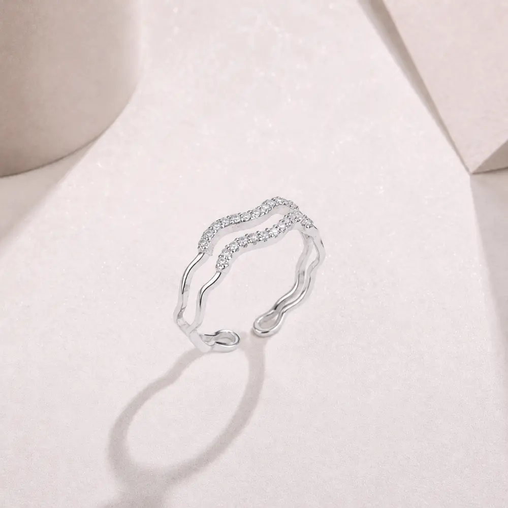 S925 Silver Wavy Diamond-Studded Open Ring detail 2