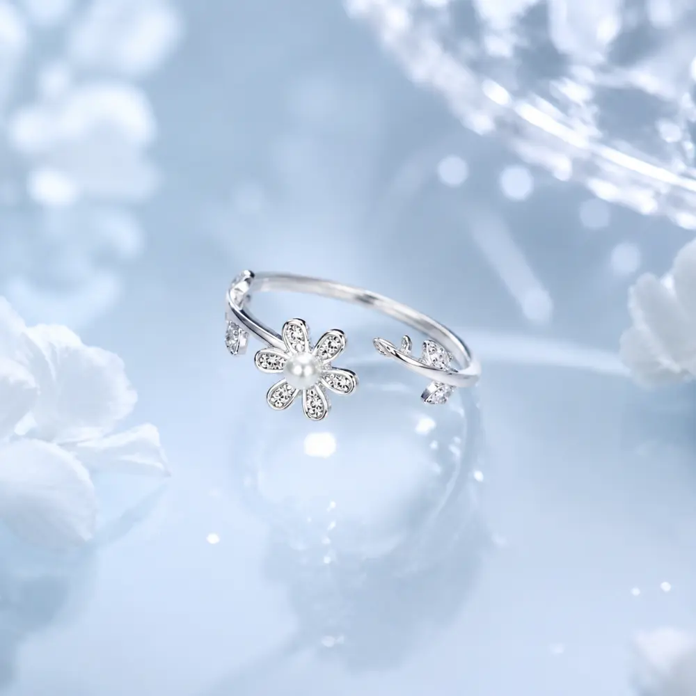 925 Silver Pearl Flower Open Ring detail 1