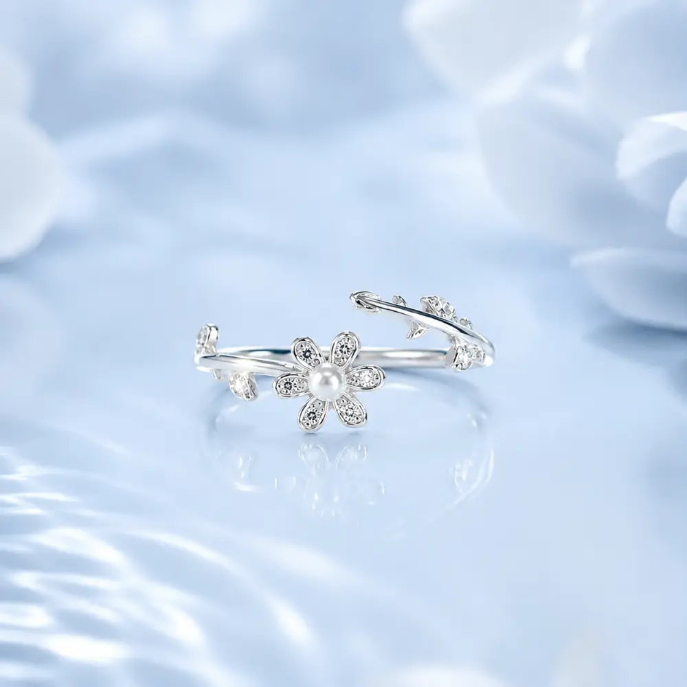 925 Silver Pearl Flower Open Ring detail 2