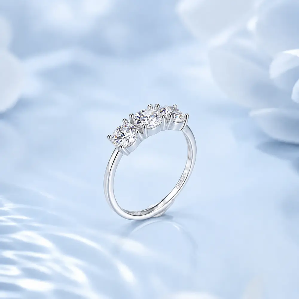 Exquisite Three-Stone Pavé Mosaic Silver Ring detail 1