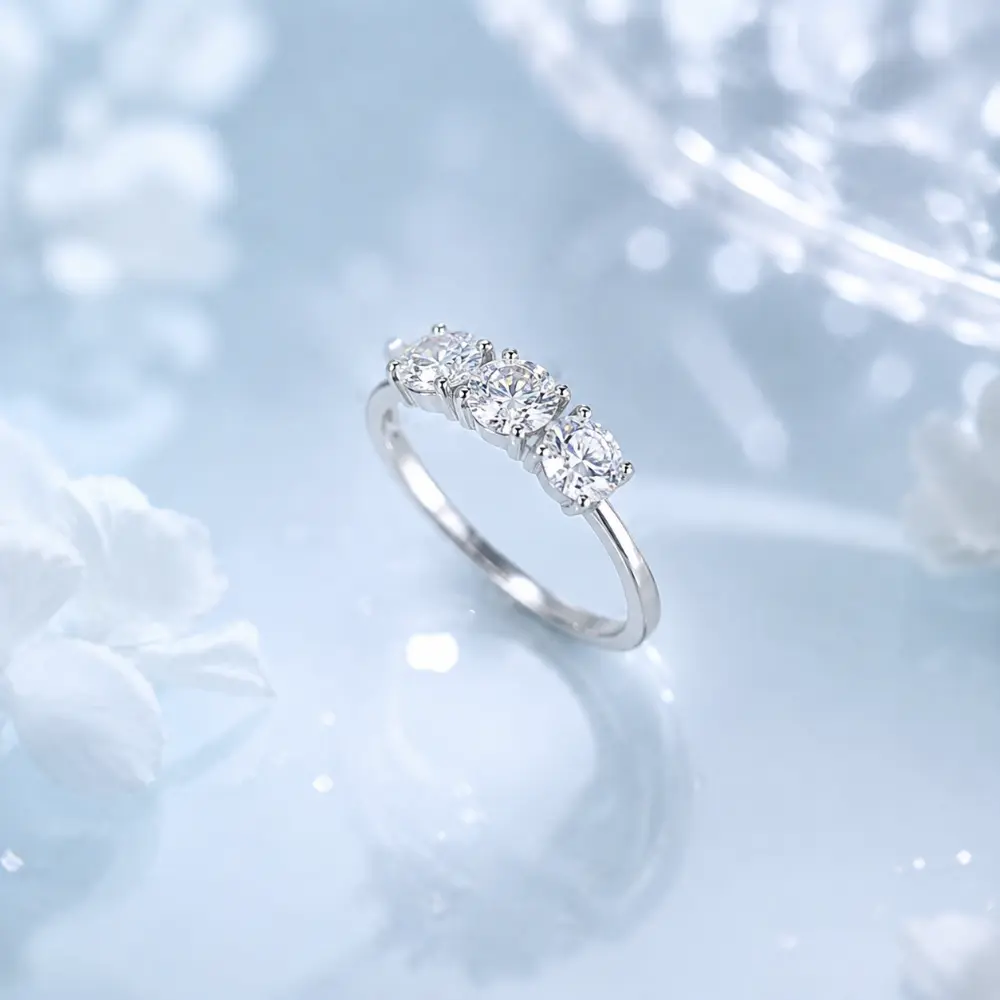 Exquisite Three-Stone Pavé Mosaic Silver Ring detail 2