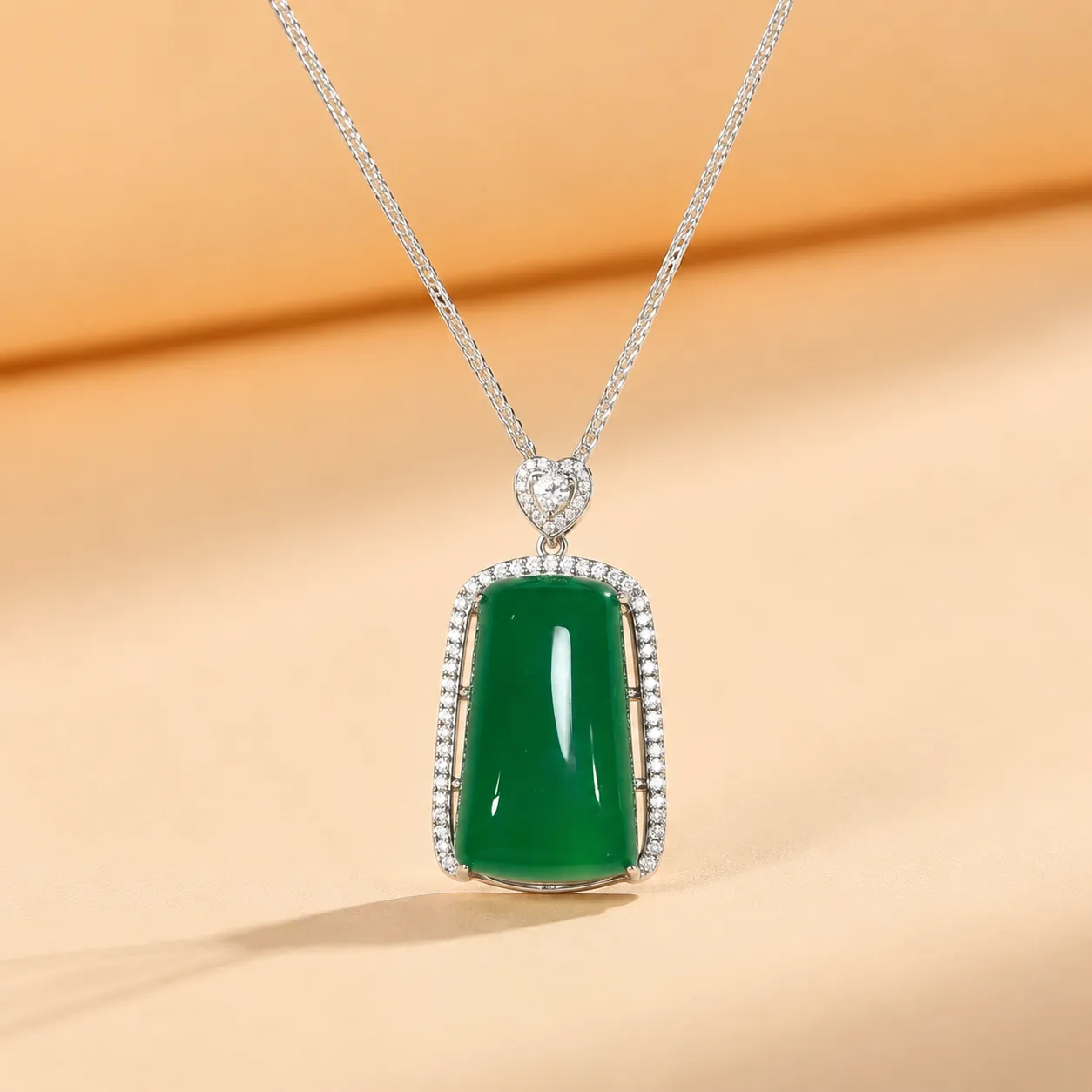 S925 Silver Necklace with Green Chalcedony 'Wu Shi' Pendant and Diamonds detail 2