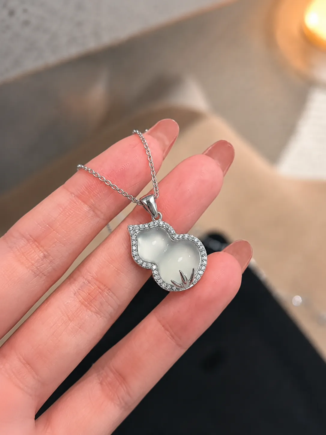 925 Silver Inlaid Zircon Double Gourd Chalcedony Pendant Necklace detail 1