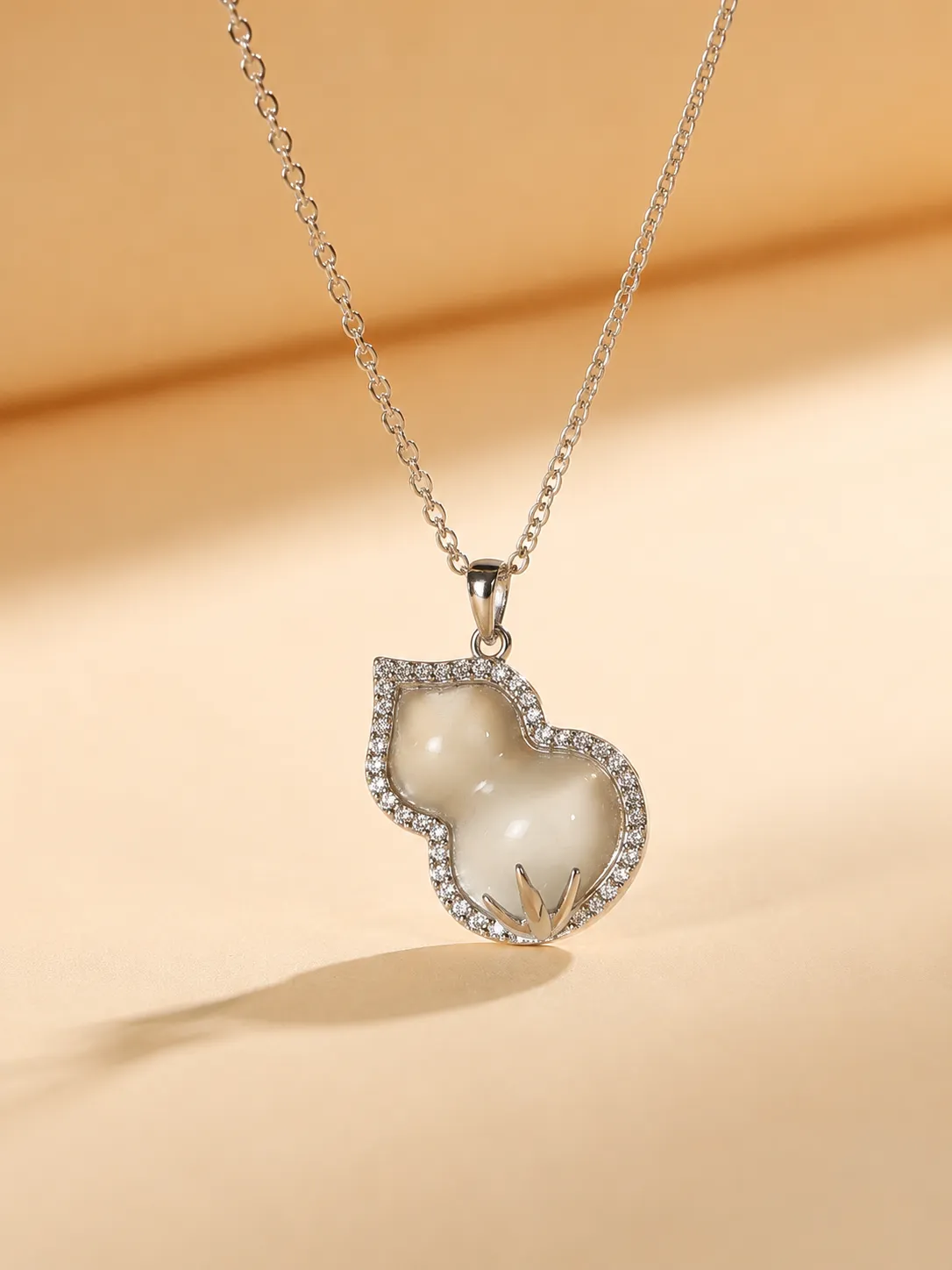 925 Silver Inlaid Zircon Double Gourd Chalcedony Pendant Necklace detail 2