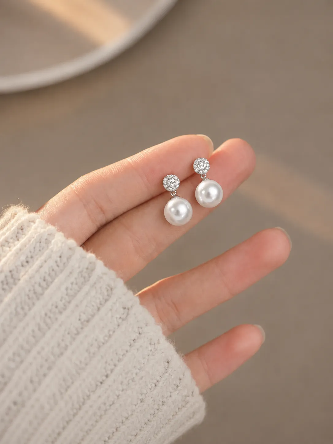 925 Diamond-Studded Pearl Tassel Moissanite Drop Earrings detail 1