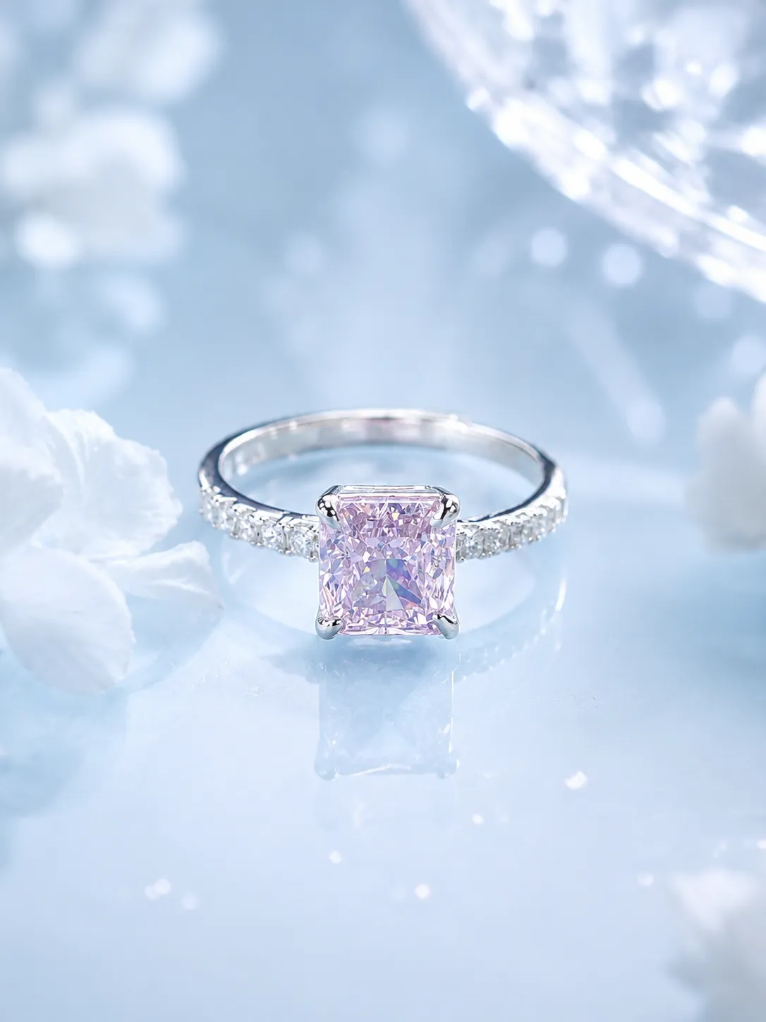 925 Silver Square Pink Ice Flower Pave Diamond Ring detail 1