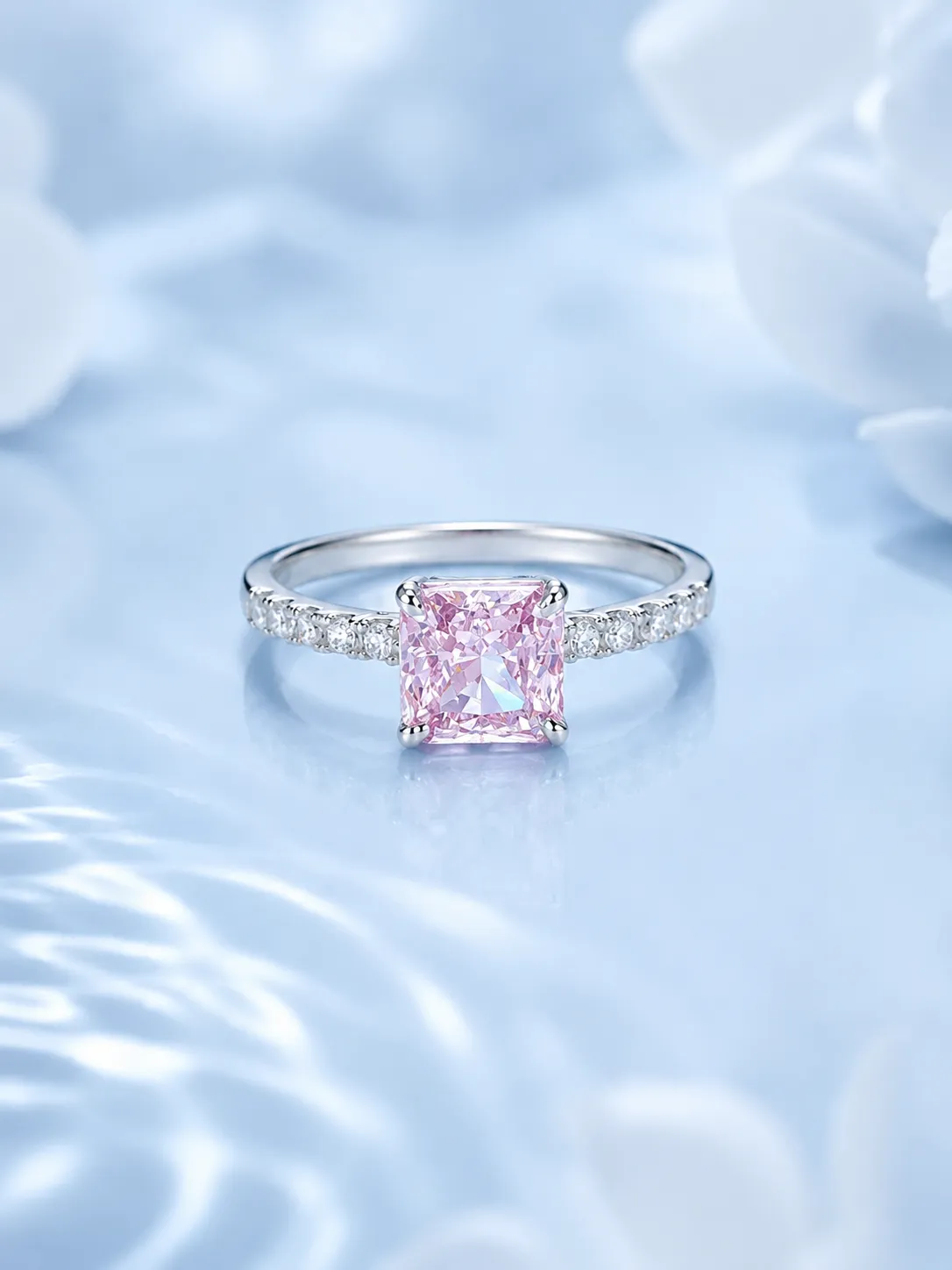 925 Silver Square Pink Ice Flower Pave Diamond Ring detail 2