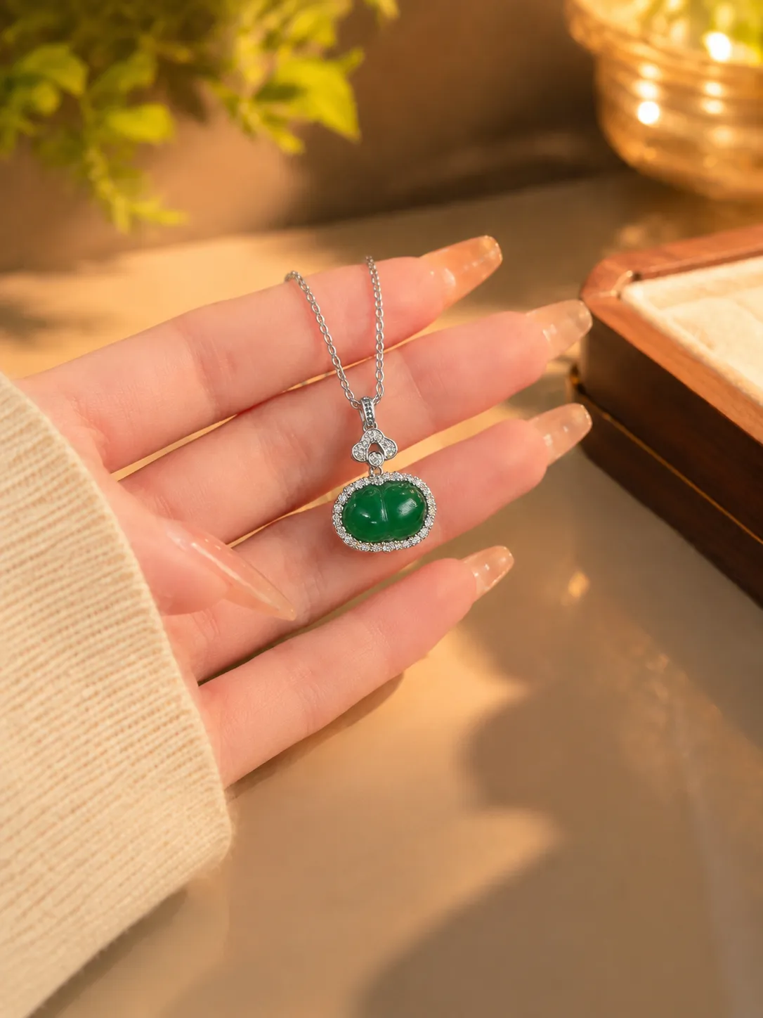925 Silver Green Agate Diamond-Studded Safety Coin Necklace detail 2